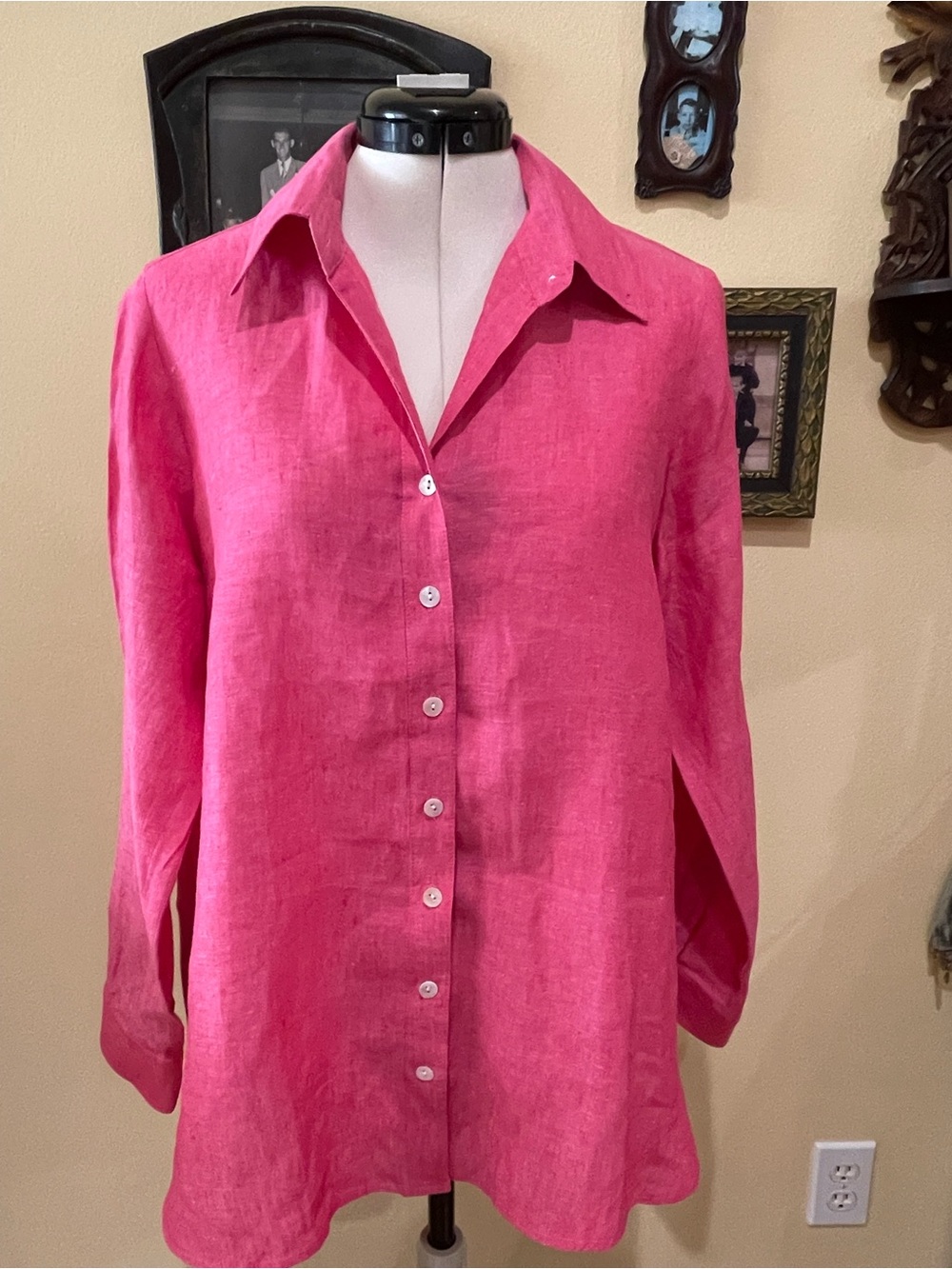 APNY New York Bright Pink Fuchsia Linen Shell Button A-Line Top SZ Medium